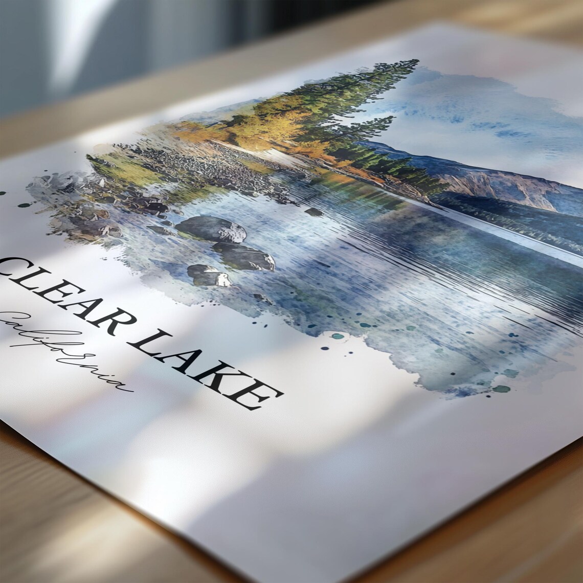 Clear Lake California Rocky Shoreline Watercolor Lake Landscape Poster - Image 3