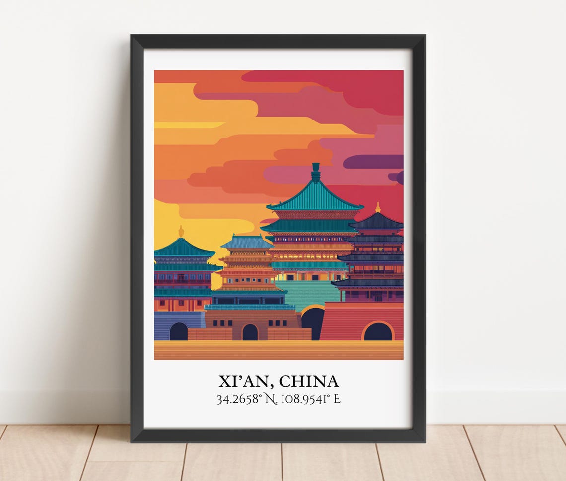 Xi An China Colorful Temple Sunset Skyline Coordinates Travel Poster - Image 2