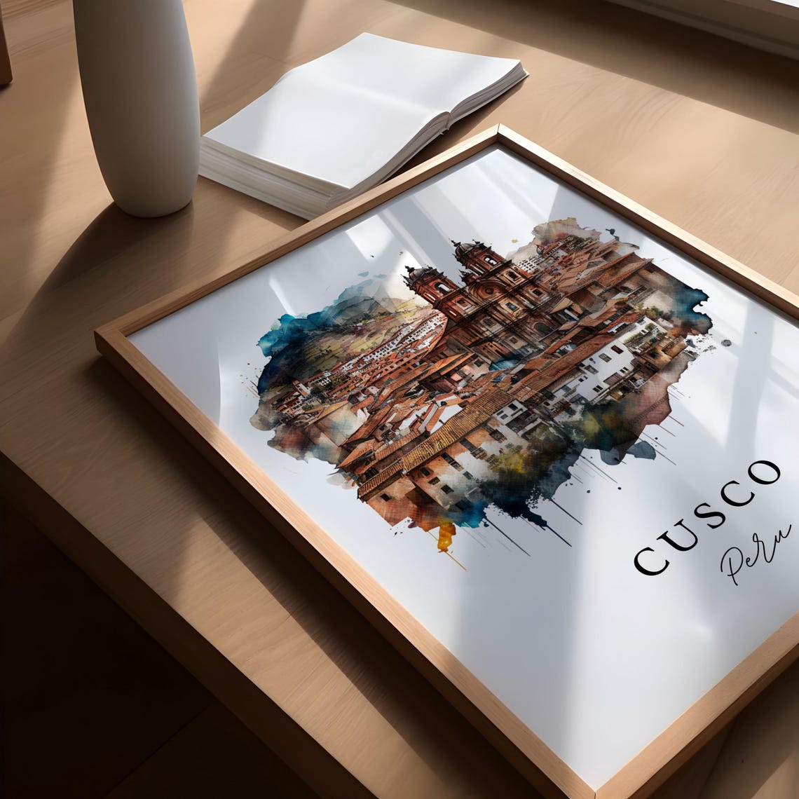 Cusco Peru Historic Old Town Twin Church Towers Watercolor Poster - Image 5