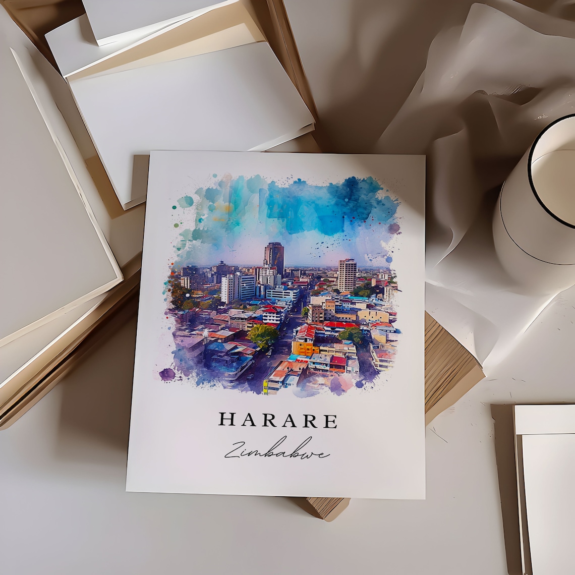 Harare Zimbabwe Watercolor City Skyline Modern Travel Poster - Image 7