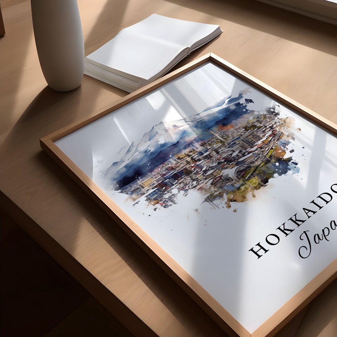 Hokkaido Japan Watercolor Snowy Mountain City Winter Art Poster - Image 4