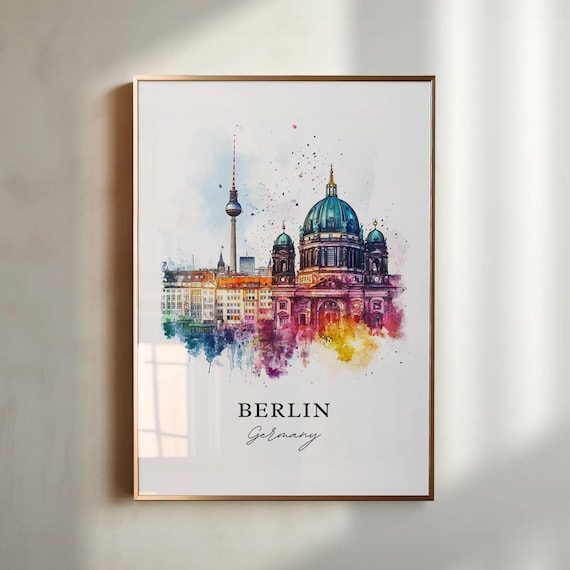 Berlin Germany Cathedral and TV Tower Skyline Watercolor Poster
