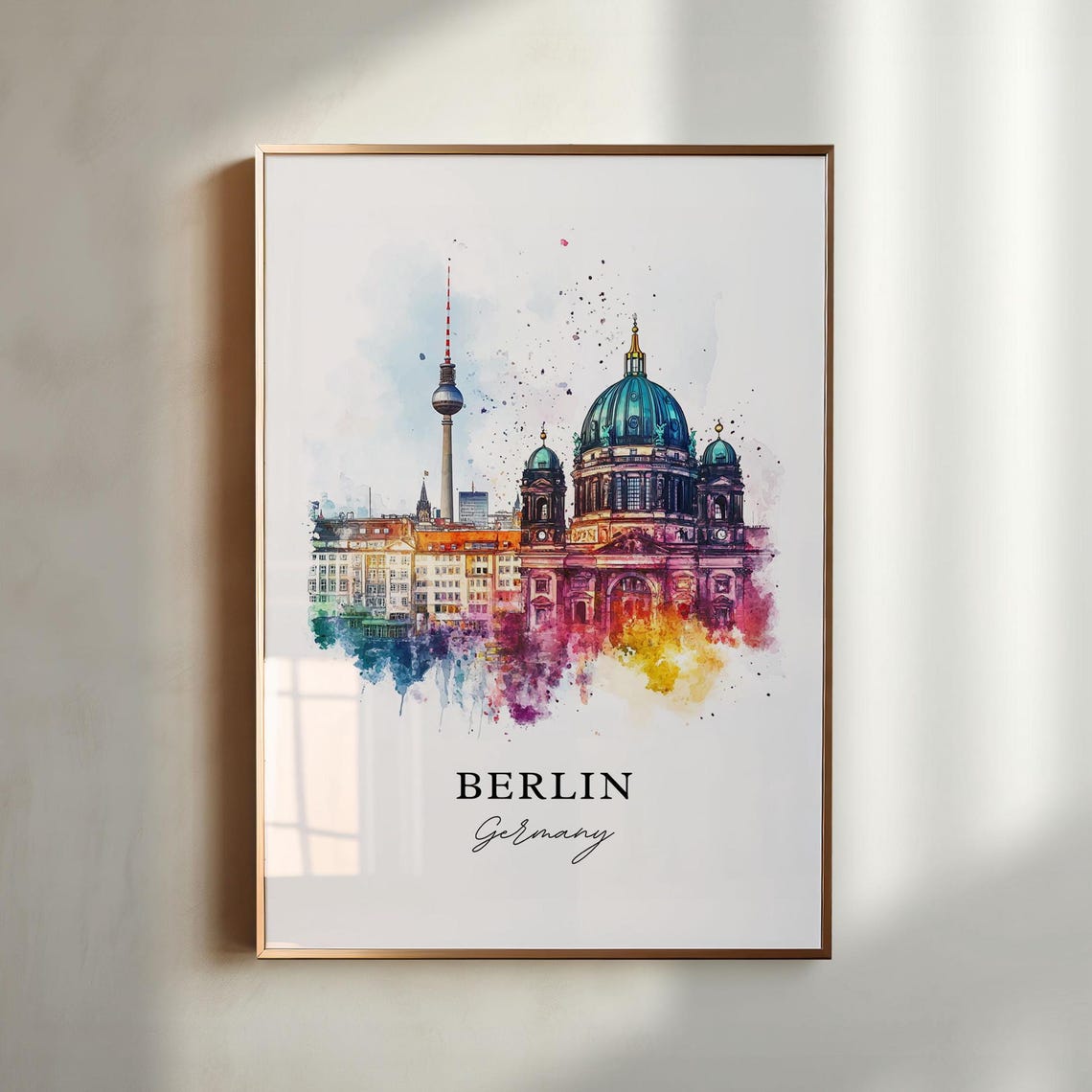 Berlin Germany Cathedral and TV Tower Skyline Watercolor Poster