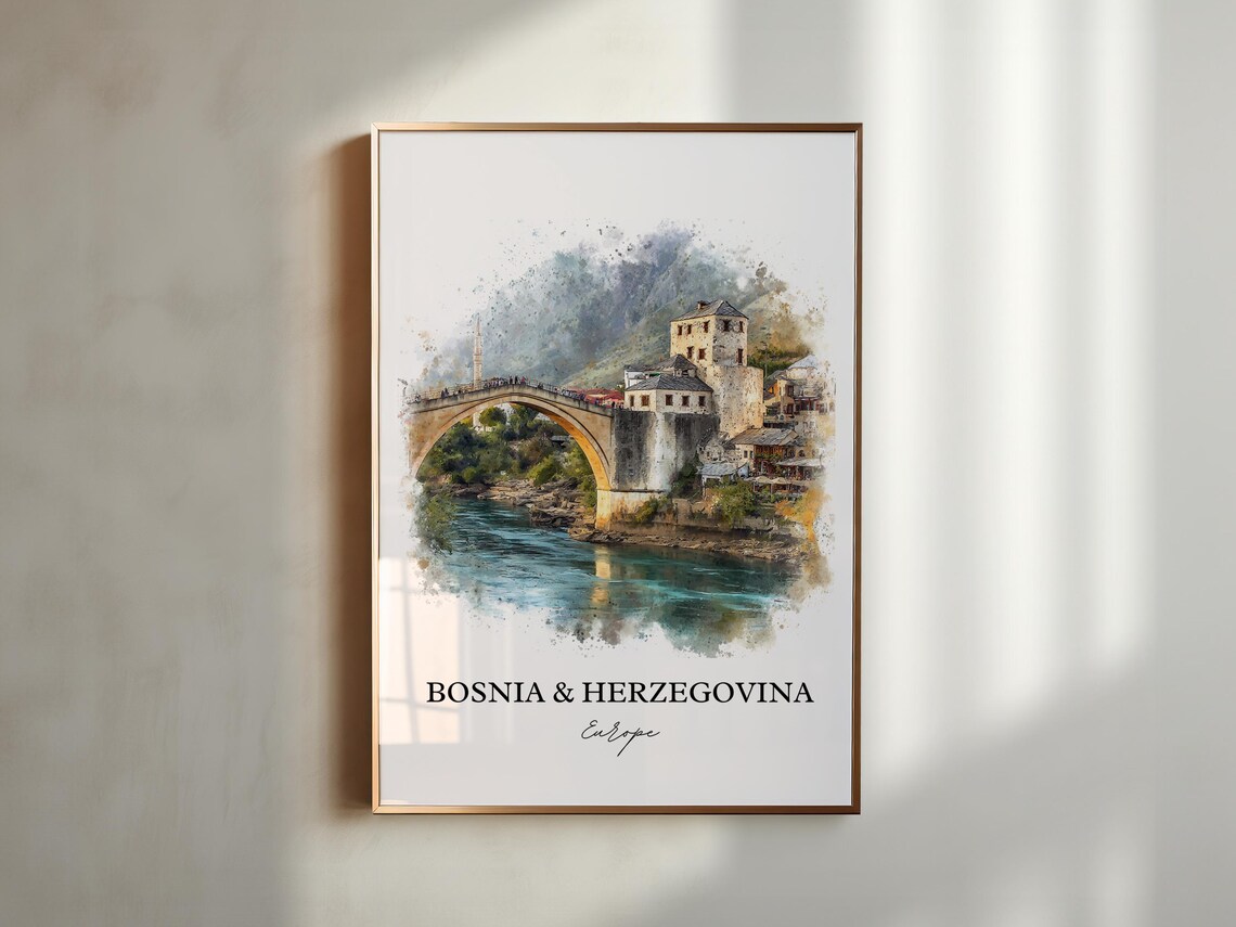 Bosnia Herzegovina Stari Most Bridge Watercolor River Landscape Poster - Image 5