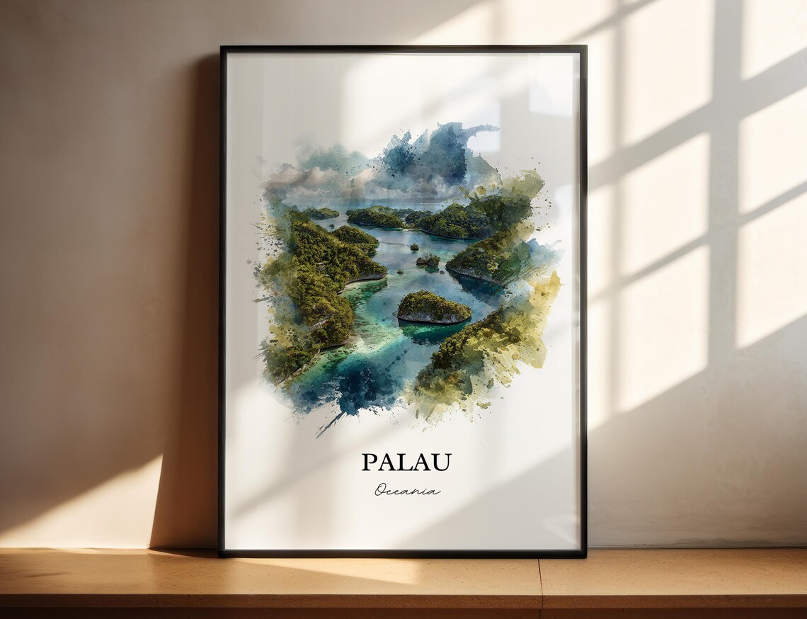 Palau Oceania Rock Islands Lagoon Aerial Watercolor Art Poster