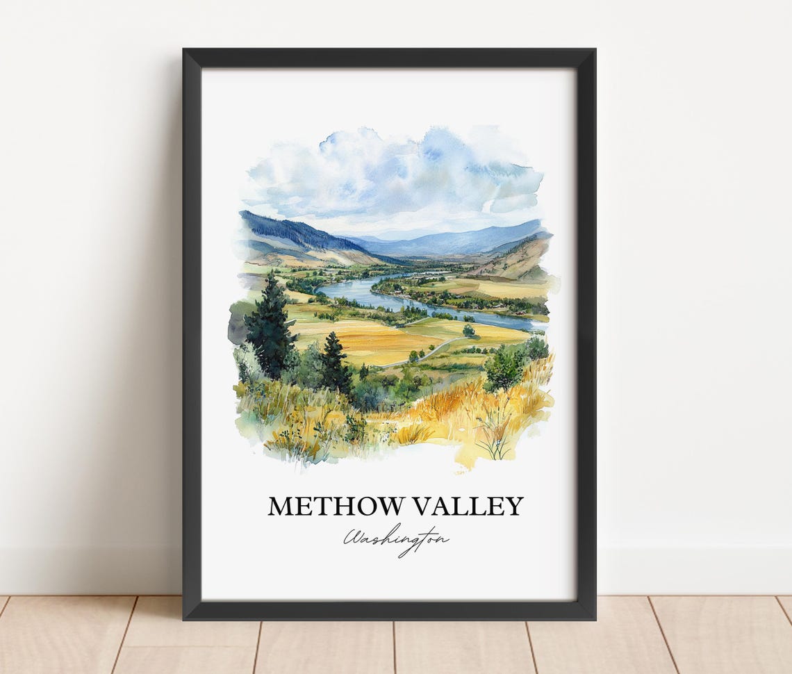 Methow Valley Washington Golden Fields River Valley Watercolor Poster - Image 2