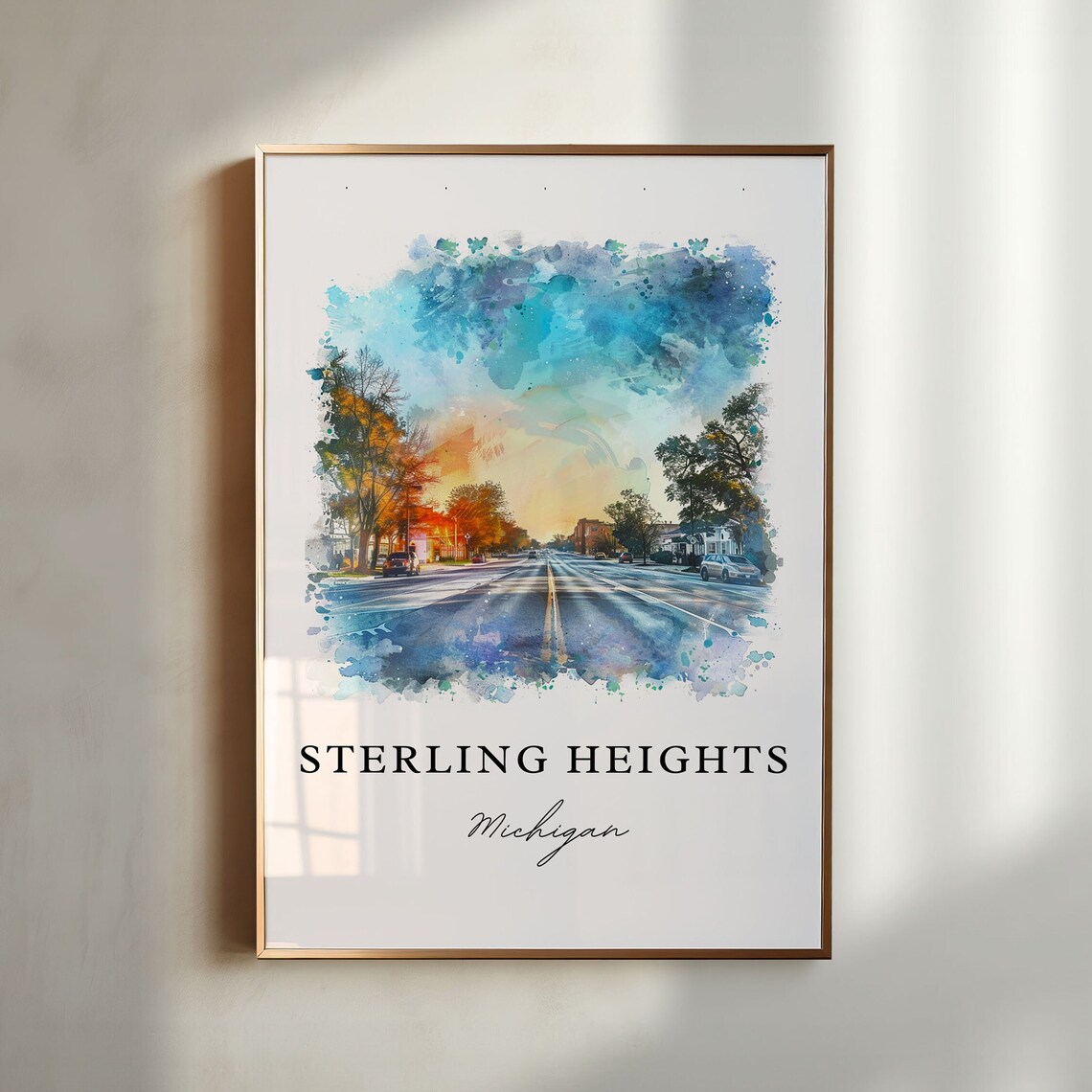 Sterling Heights Michigan Watercolor Sunset Street Scene Poster