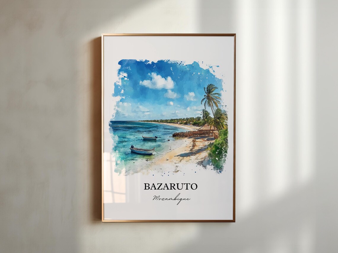 Bazaruto Mozambique Watercolor Beach Boats Island Travel Poster - Image 5