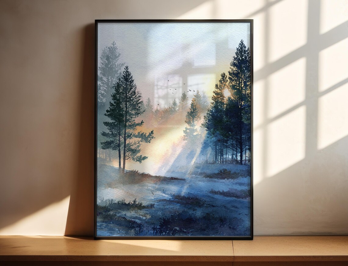 Lapland Finland Misty Pine Forest Sunrise Watercolor Art Poster