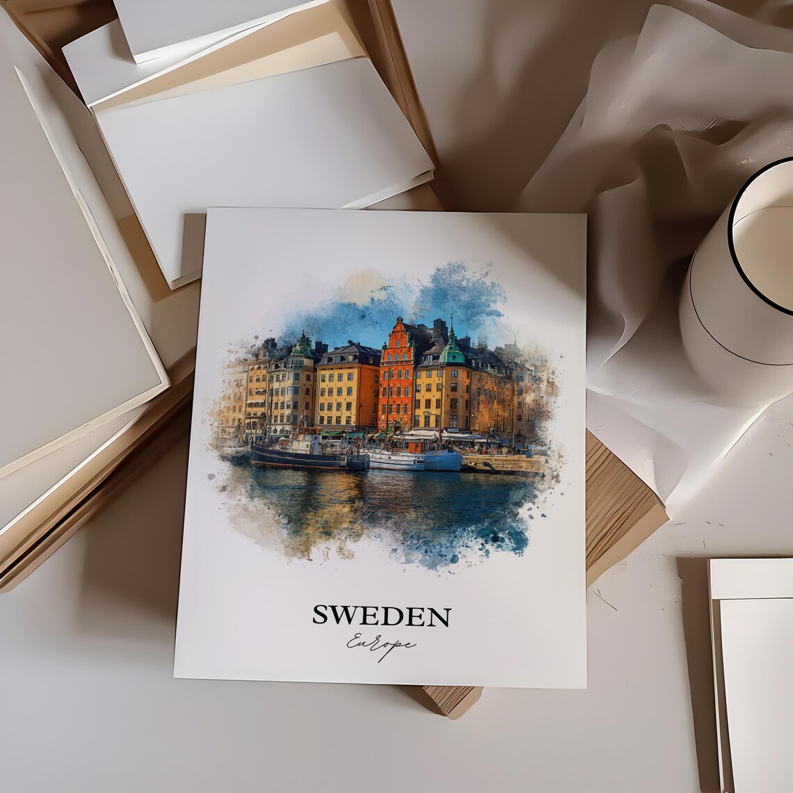 Sweden Europe Old Harbor Colorful Houses Watercolor Travel Poster - Image 2