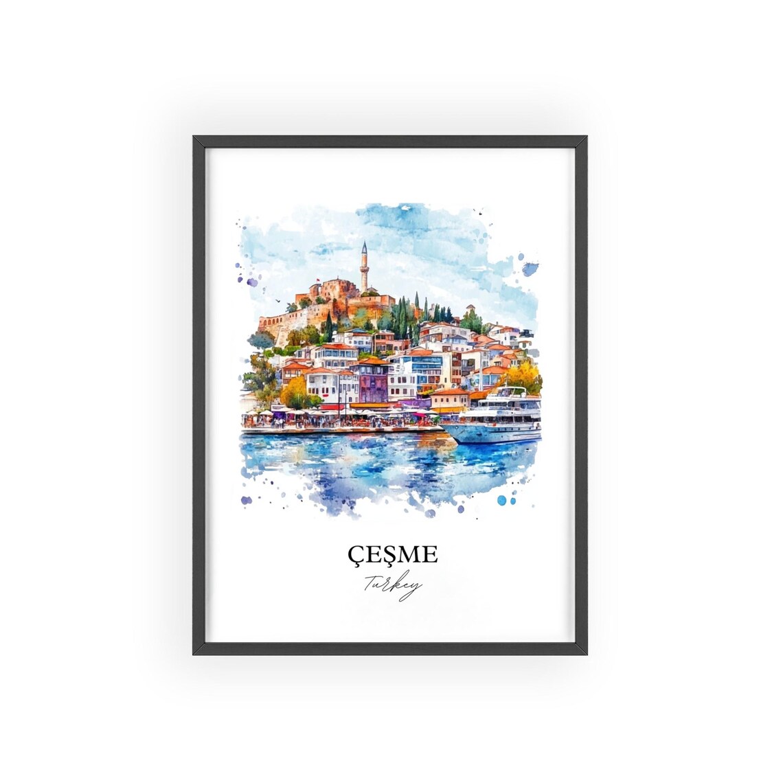 Cesme Turkey Watercolor Old Harbor Castle Coastal Travel Poster - Image 2