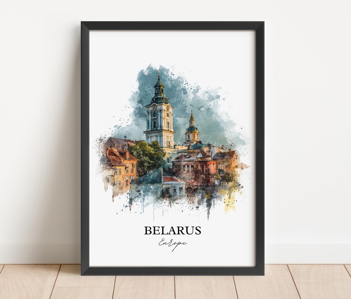 Belarus Europe Historic Old Town Church Tower Watercolor Poster - Image 2