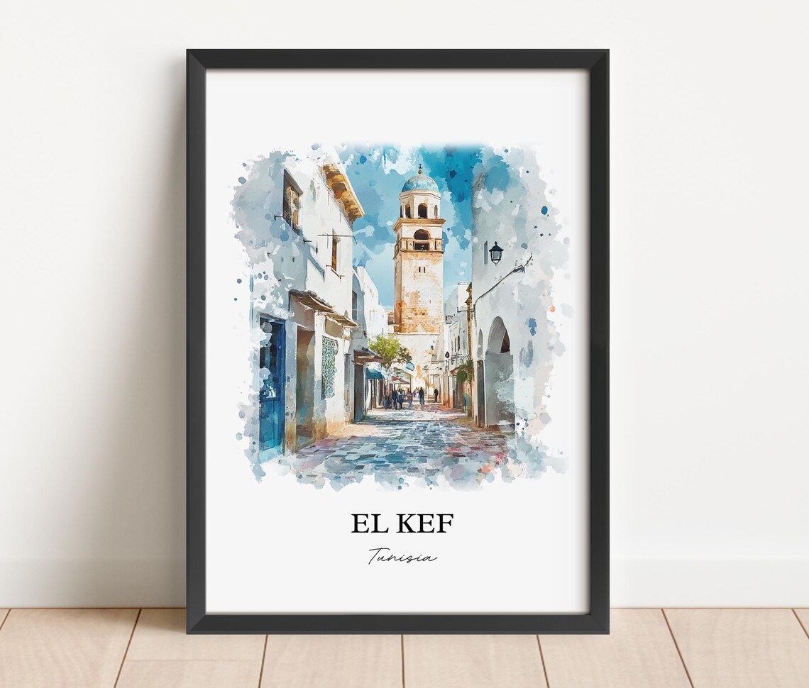 El Kef Tunisia Old Medina Tower Street Watercolor Travel Poster - Image 2