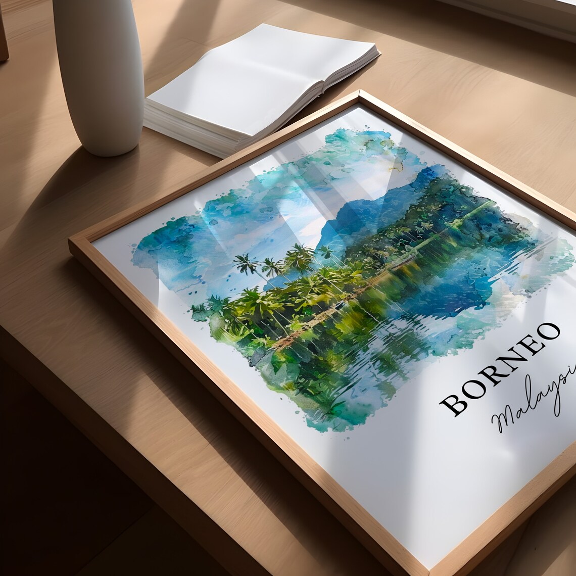 Borneo Malaysia Tropical Palms Lake Watercolor Island Travel Poster - Image 5