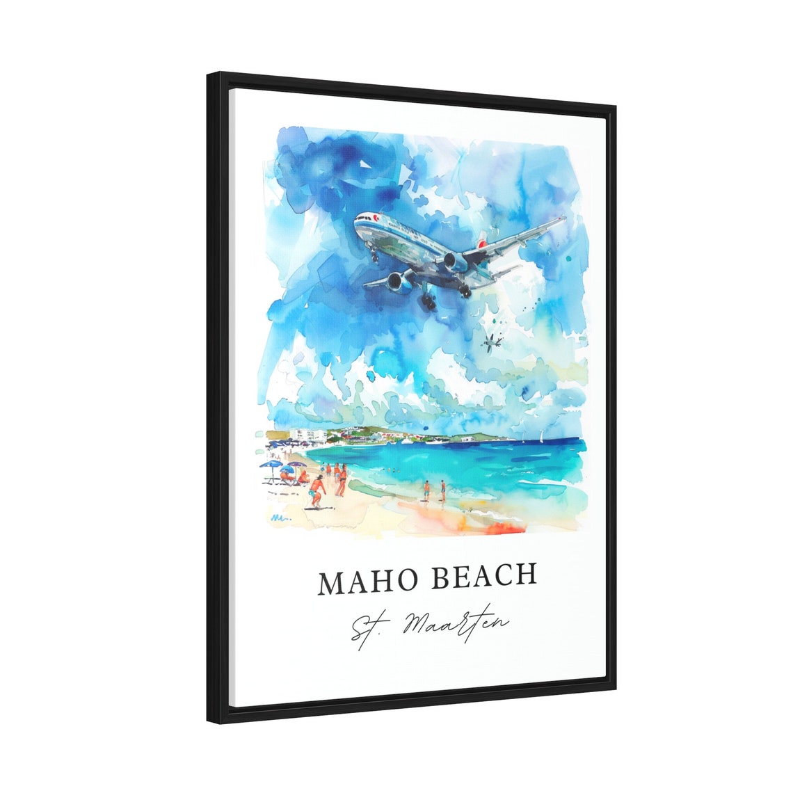 Maho Beach Saint Maarten Low Flying Jet Beach Watercolor Poster - Image 2