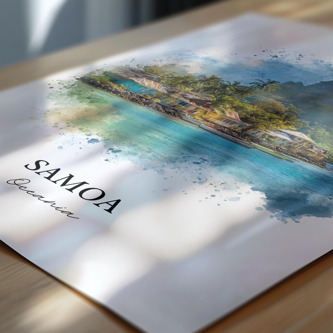 Samoa Oceania Village Palm Trees Mountain Watercolor Art Poster - Image 7