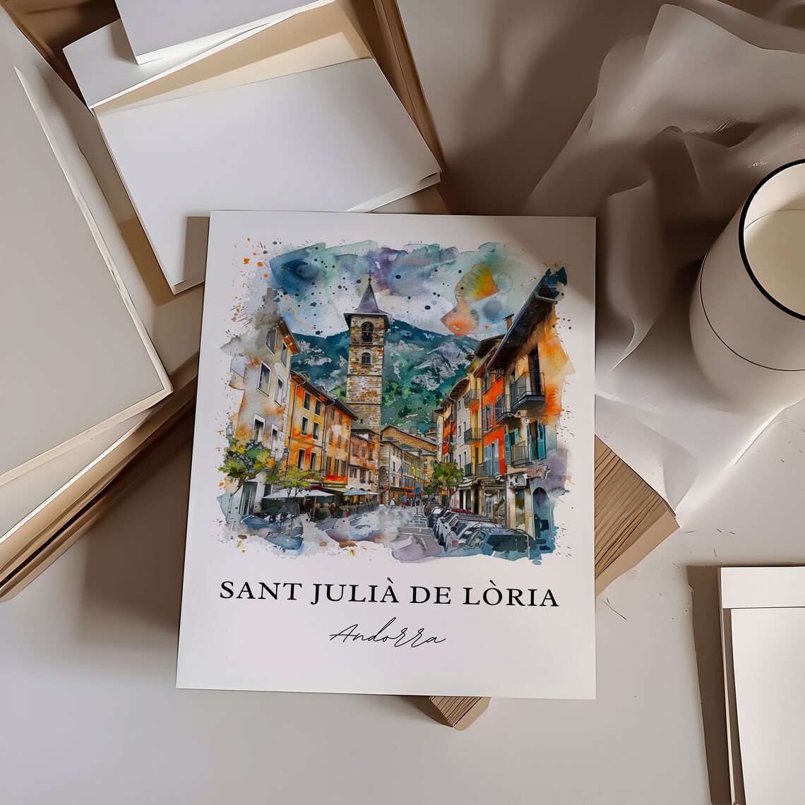 Sant Julia de Loria Andorra Mountain Town Watercolor Travel Poster - Image 5