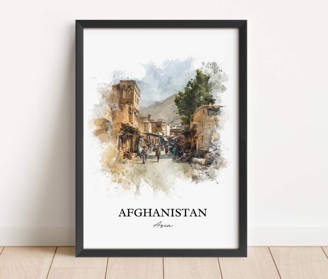 Afghanistan Asia Old Bazaar Mountain Street Watercolor Travel Poster - Image 4