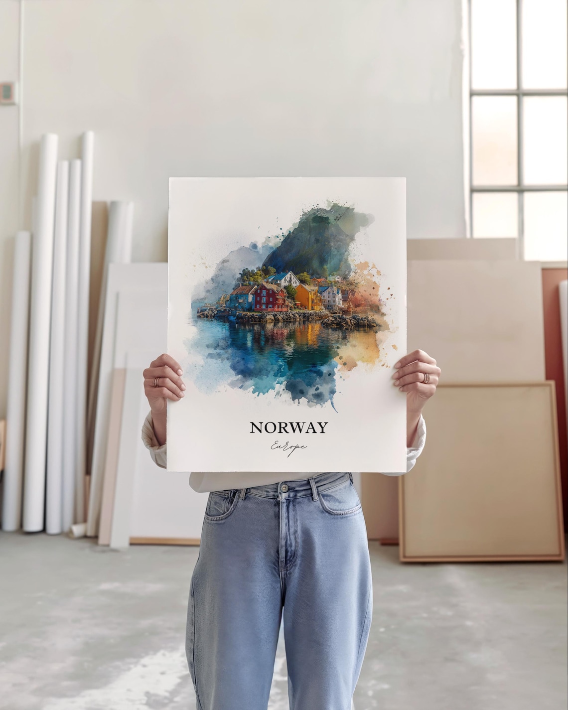 Norway Fishing Village Colorful Cabins Watercolor Fjord Poster - Image 3