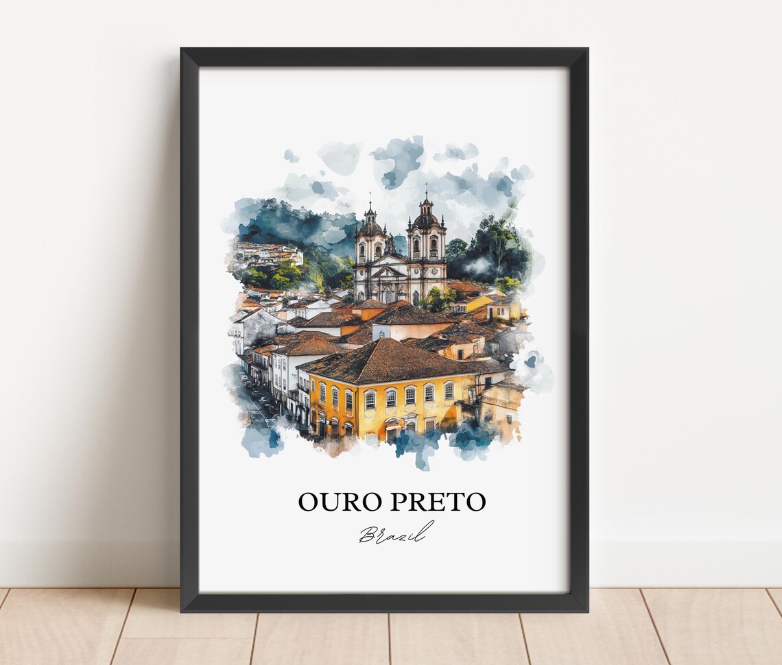 Ouro Preto Brazil Colonial Town Church Watercolor Travel Wall Art - Image 3
