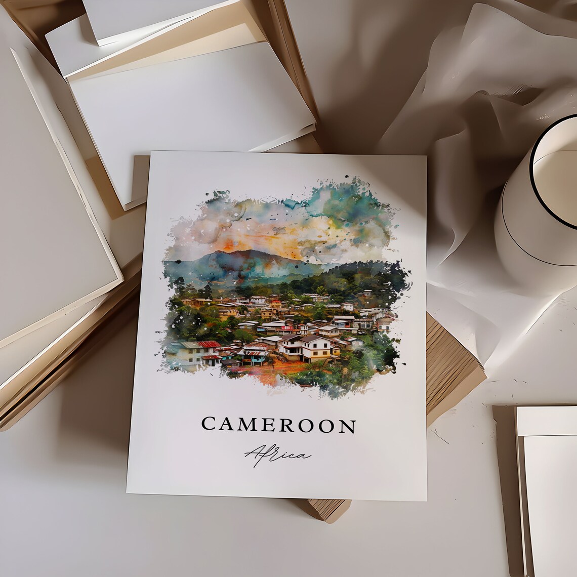 Cameroon Africa Watercolor Hillside Village Mountain Art Print - Image 7