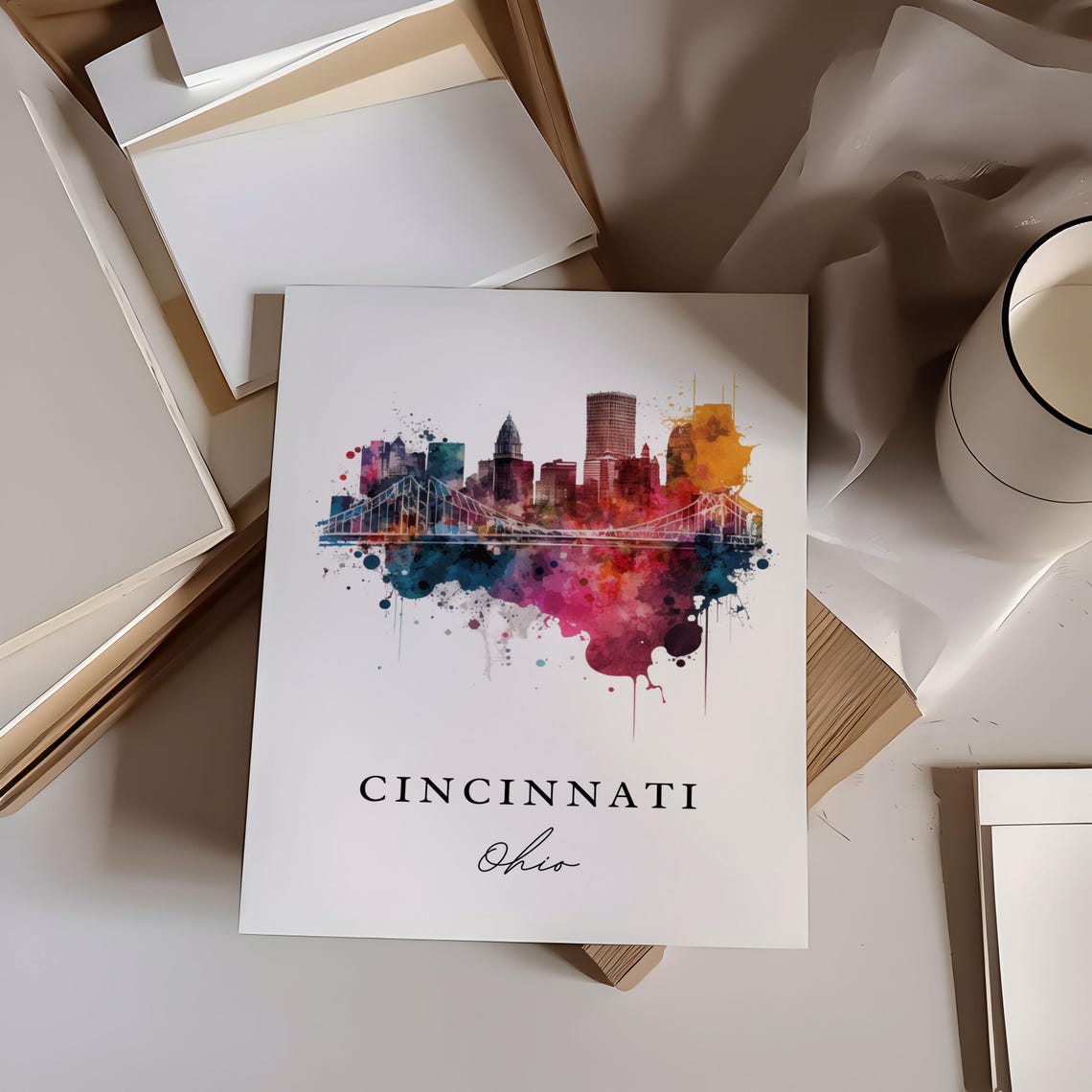 Cincinnati Ohio Skyline Bridge Watercolor City Travel Poster - Image 6