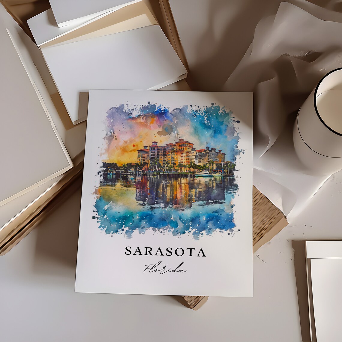 Sarasota Florida Waterfront Sunset Skyline Watercolor Travel Poster - Image 6