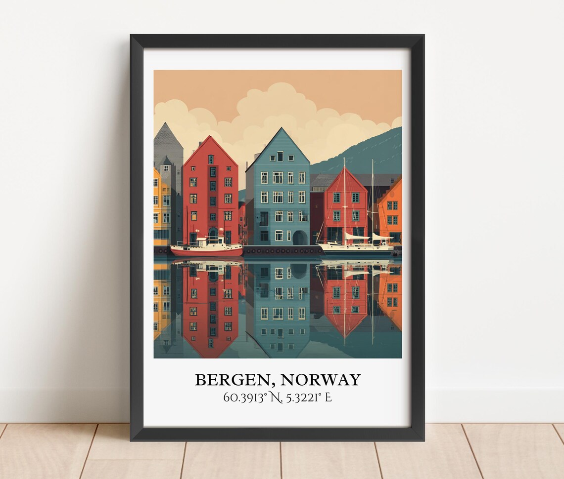 Bergen Norway Bryggen Wharf Colorful Houses Harbor Travel Poster - Image 5