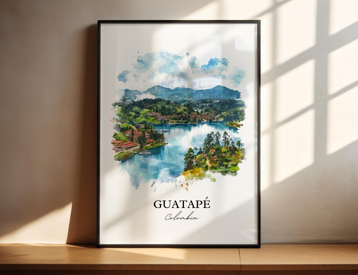 Guatape Colombia Blue Lake Mountain Town Watercolor Travel Poster