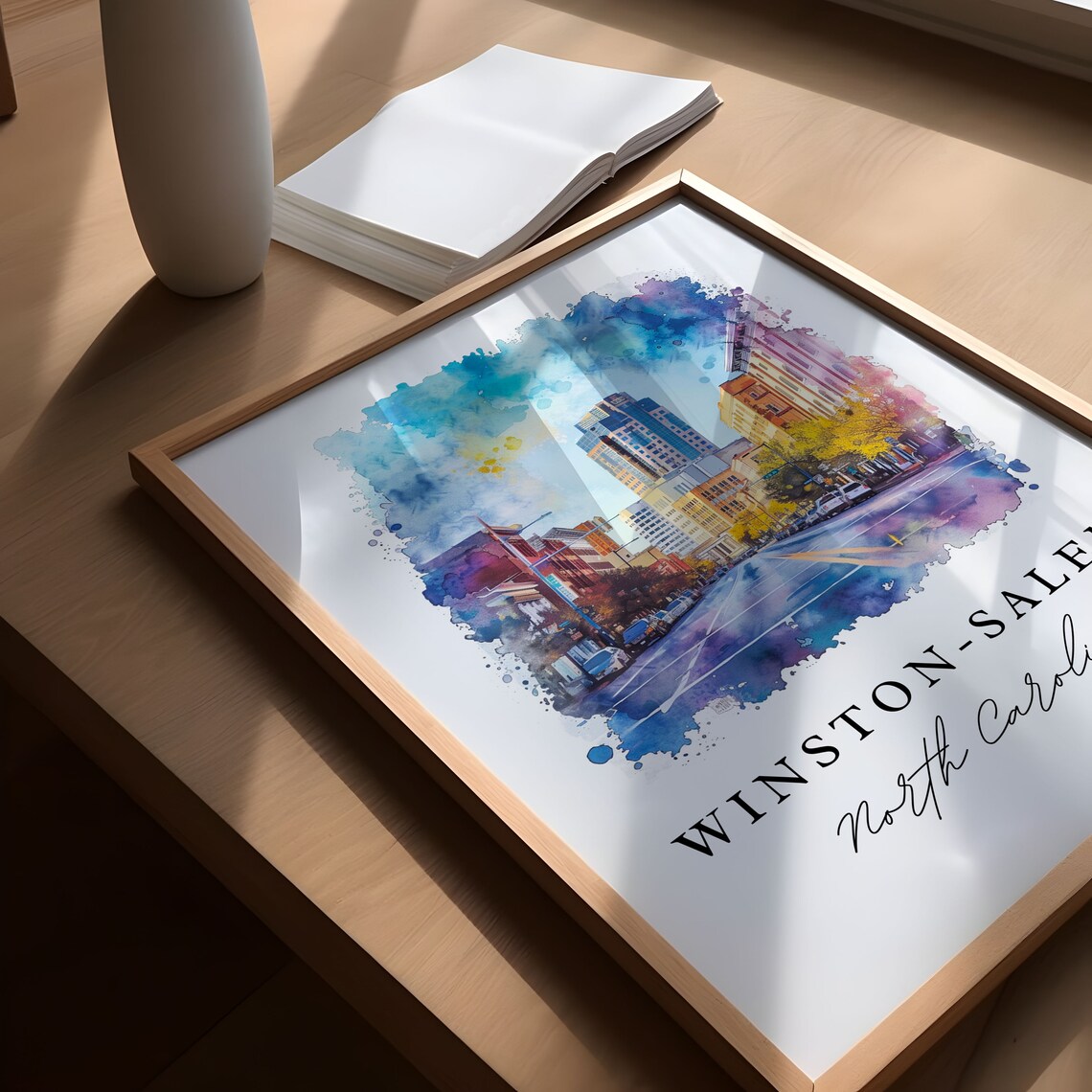 Winston-Salem North Carolina Downtown Street Watercolor Poster - Image 4