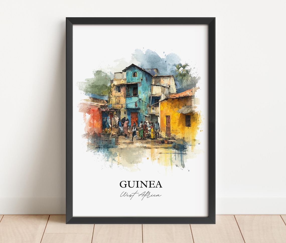 Guinea West Africa Colorful Old Town Street Watercolor Poster - Image 2