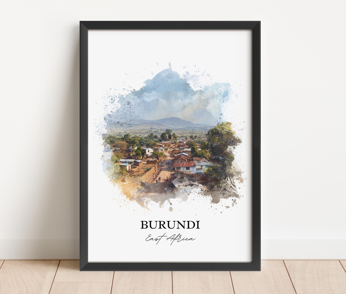 Burundi East Africa Scenic Hill Village Watercolor Travel Poster - Image 4