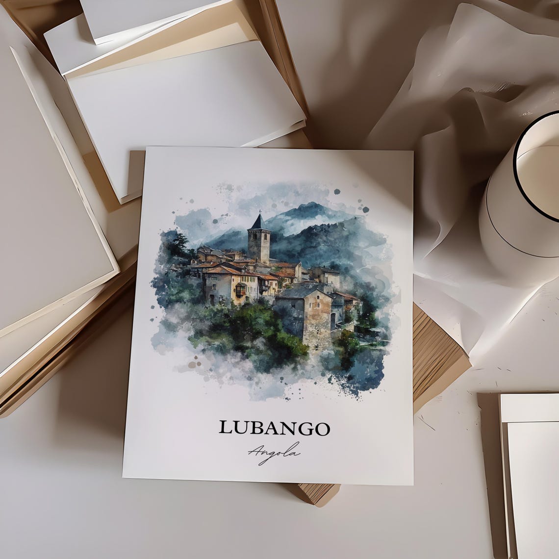 Lubango Angola Hillside Village Church Watercolor Travel Poster - Image 5