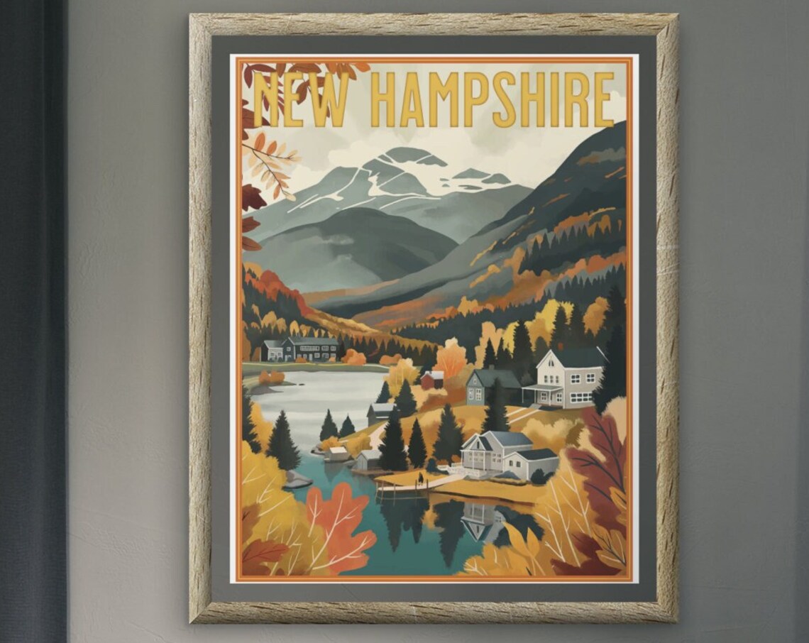 New Hampshire Autumn Lake with Mountain View Retro Travel Poster