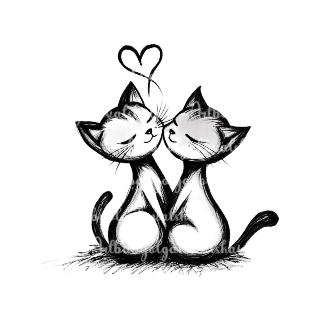Two Cute Cats Kissing Heart Sketch Black and White Cat Lovers Tattoo Print