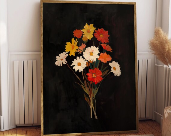 Vintage Colorful Daisies Gothic Botanical Art Print