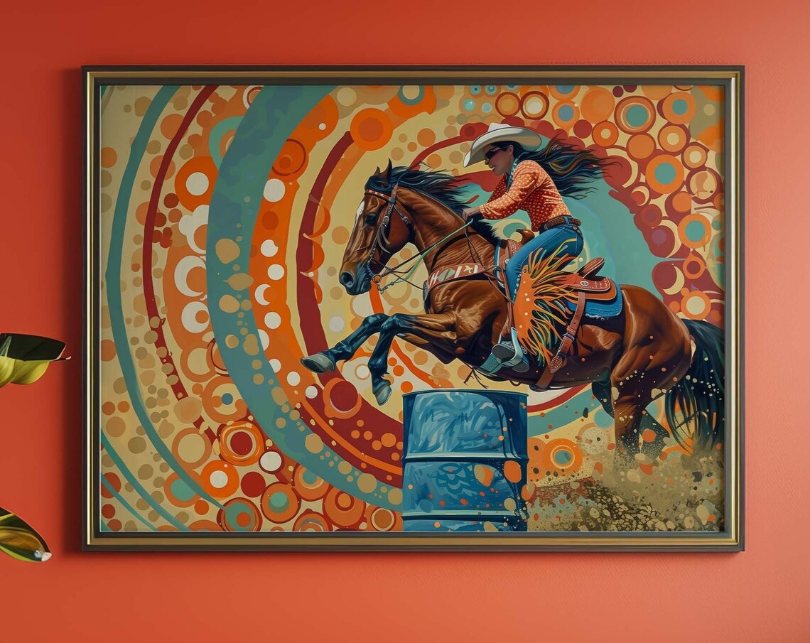 Cowgirl Barrel Racing Horse Rider Bold Retro Western Style Art Poster