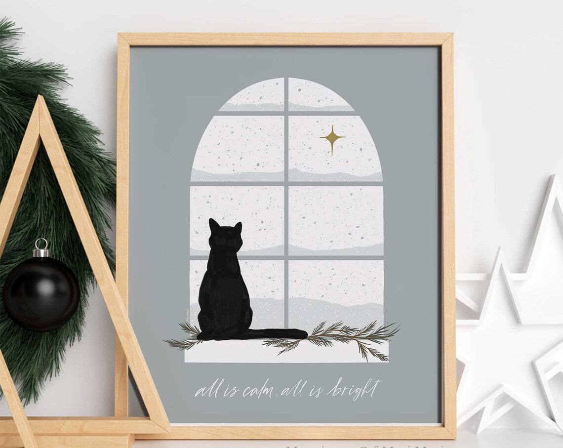 Christmas Black Cat Holiday Wall Art Print
