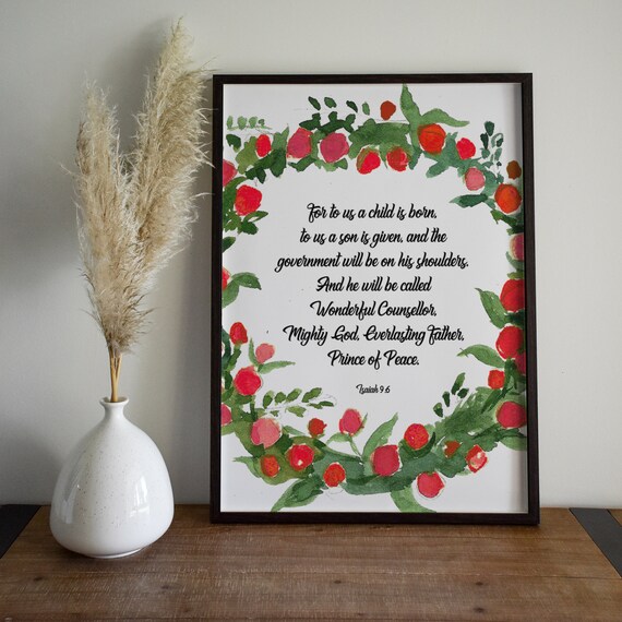 Isaiah 9:6 For to Us a Child Is Born Red Floral Christmas Wall Art