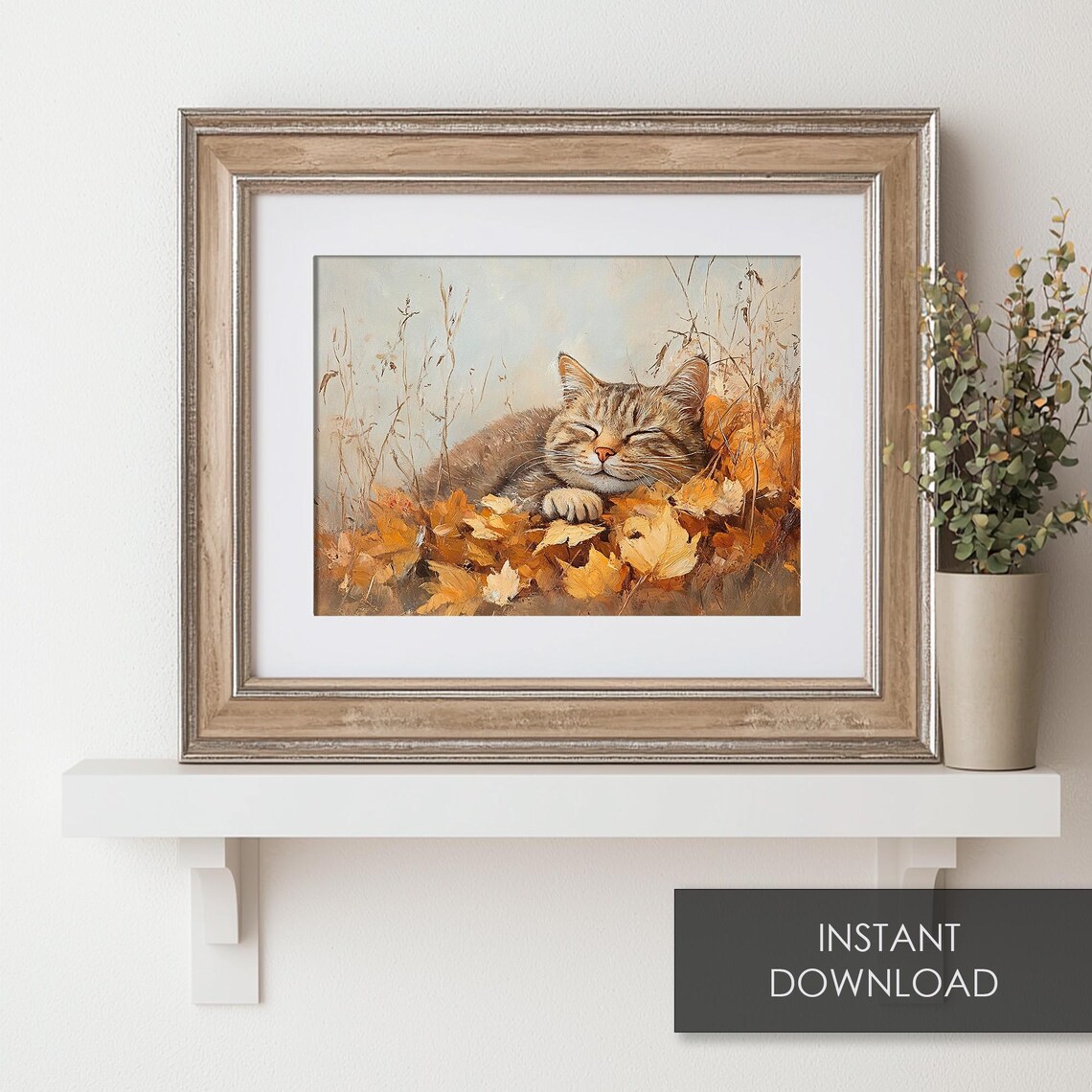 Sleeping Tabby Cat In Autumn Leaves Vintage Oil Painting Print - Image 6