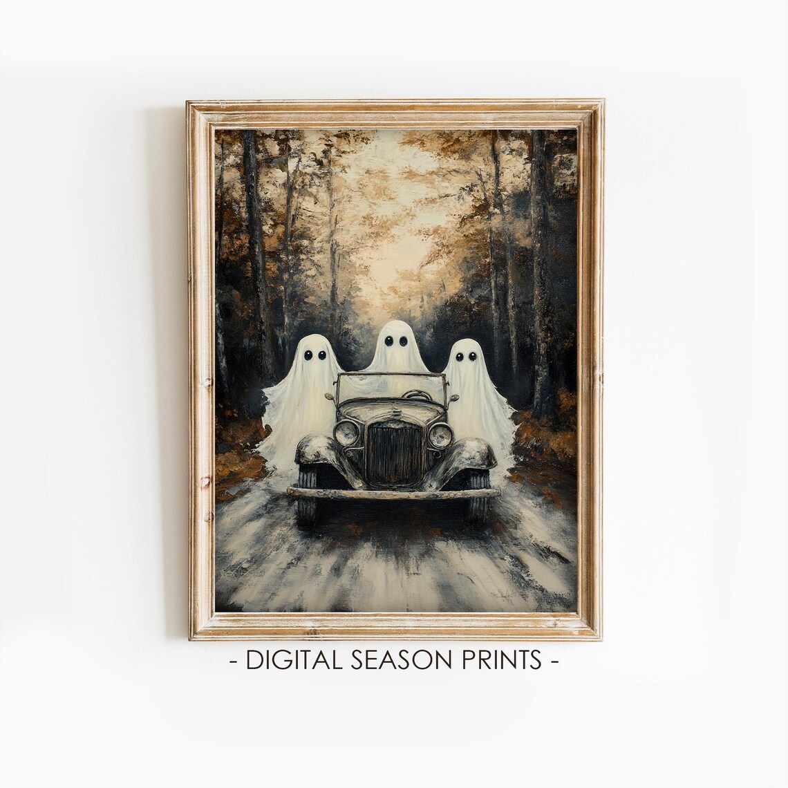 Ghosts Driving Vintage Car Spooky Forest Road Dark Halloween Poster