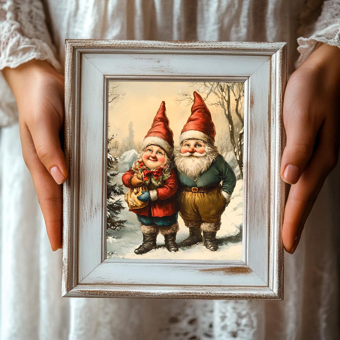 Two Vintage Christmas Gnomes in Snow Red Hats Holiday Poster - Image 3