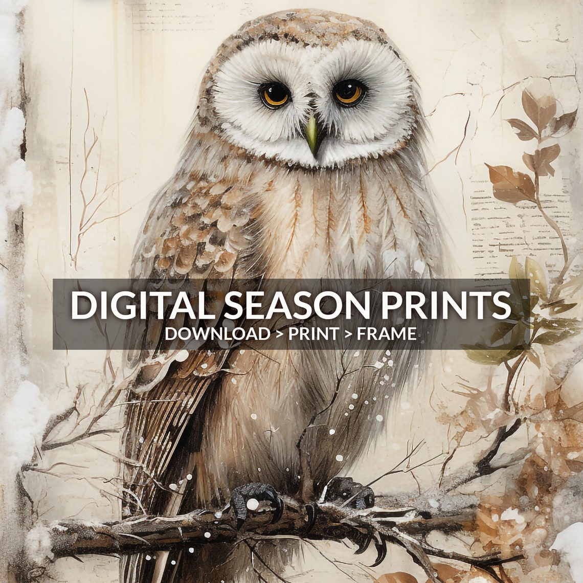 Vintage Winter Owl Perched On A Snow Dusted Branch Painting Poster - Image 6