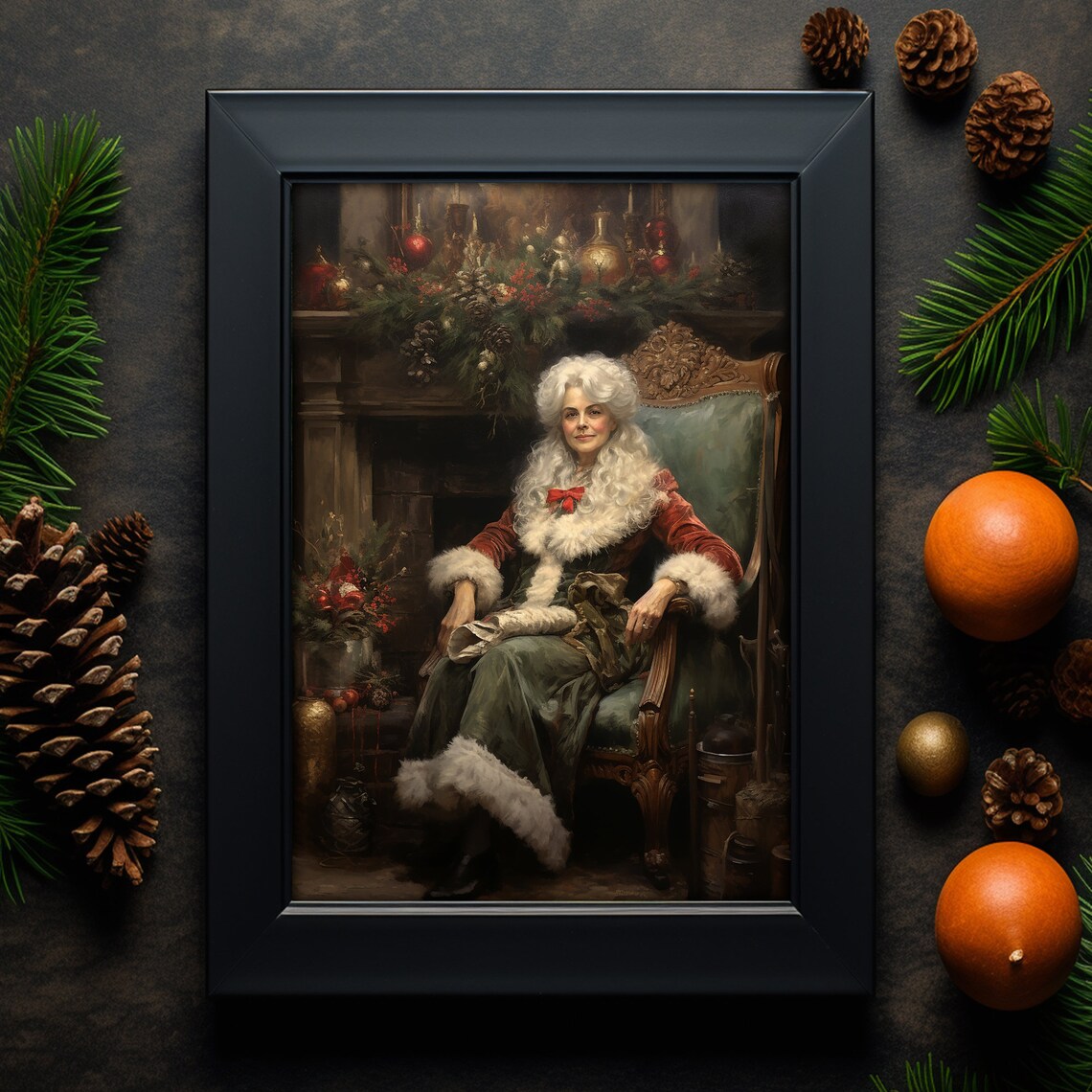 Mrs Claus Seated by a Decorated Fireplace Vintage Christmas Art Poster - Image 3