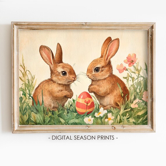 Two Easter Bunnies With Striped Egg In Spring Meadow Artwork Poster
