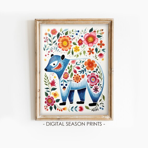 Scandinavian Folk Art Blue Bear Flowers Nordic Style Animal Poster