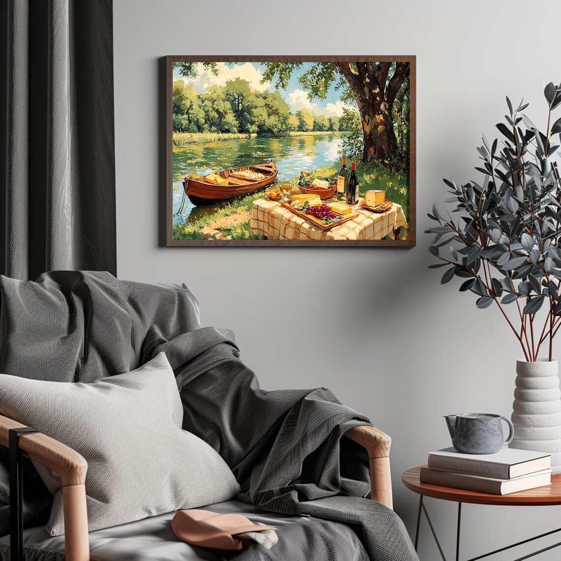 Riverside Picnic Wine Cheese And Grapes Romantic Summer Scene Print - Image 4