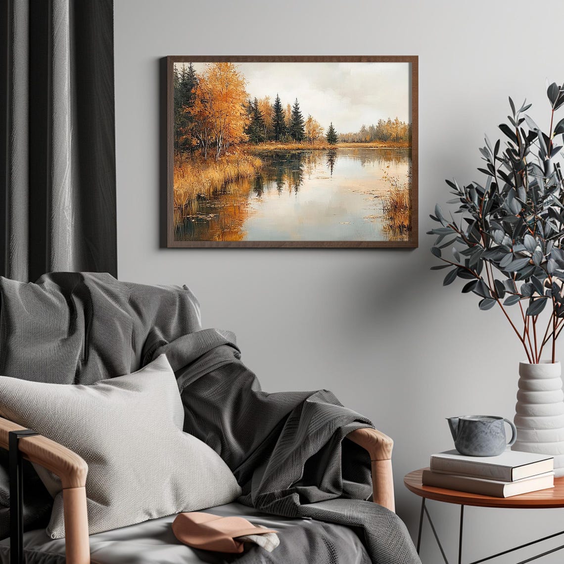 Moody Autumn Lake with Birch Trees Reflection Fall Landscape Poster - Image 4