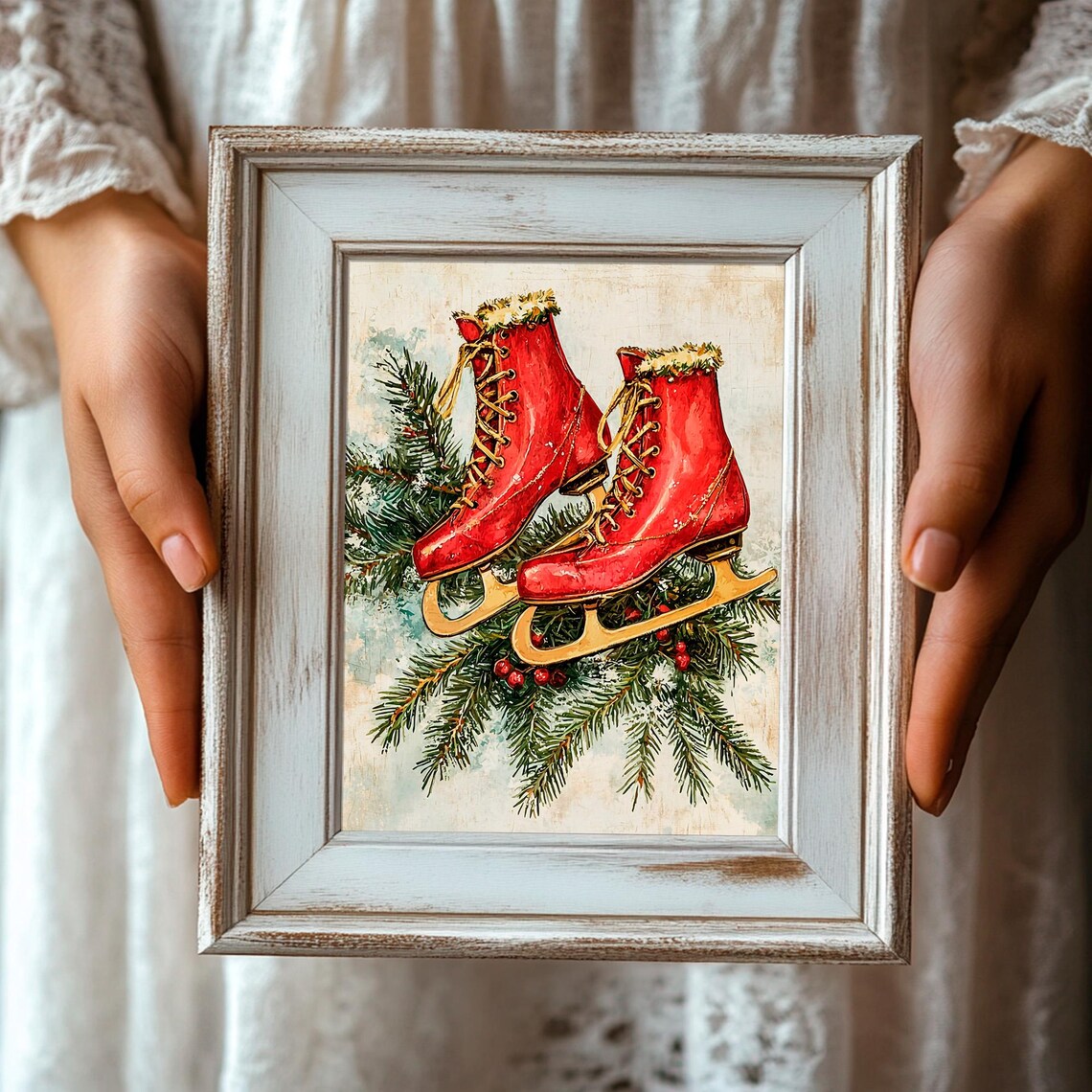 Red Ice Skates Pine Branch Festive Vintage Christmas Wall Art - Image 3