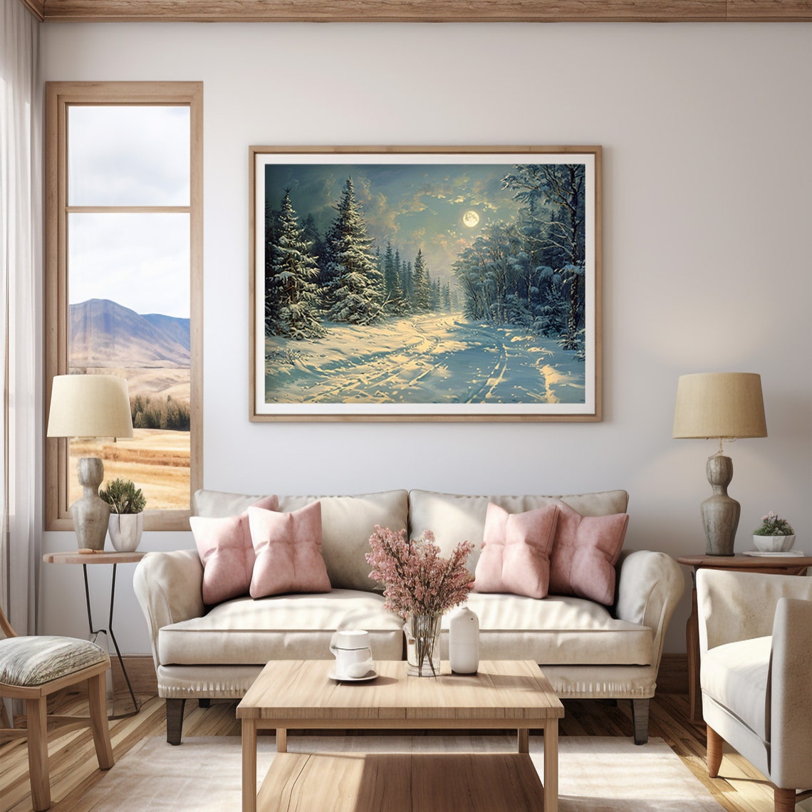 Full Moon Snowy Forest Road Moonlit Night Winter Scene Poster - Image 4